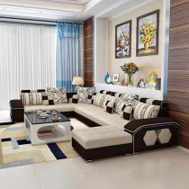 Raj Furniture Silvester U Shape 9 Seater Modern Interchangeable Fabric Sofa Set With 4 Puffy, Right, Cream And Dark Brown