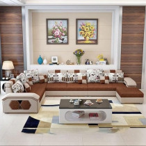 Raj Furniture Ripple Furnniture U Shape 9 Seater Modern Interchangeable Fabric Sofa Set With 4 Puffy, Right, Beige And Brown