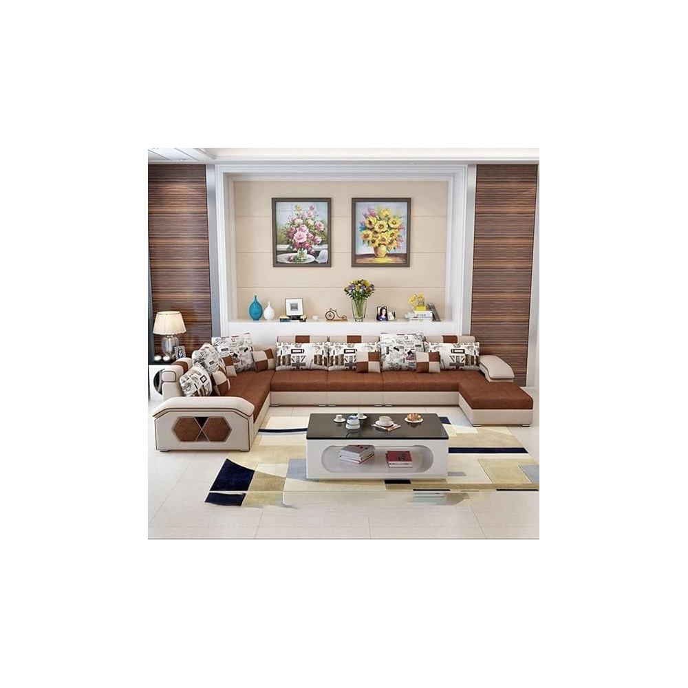 Raj Furniture Ripple Furnniture U Shape 9 Seater Modern Interchangeable Fabric Sofa Set With 4 Puffy, Right, Beige And Brown
