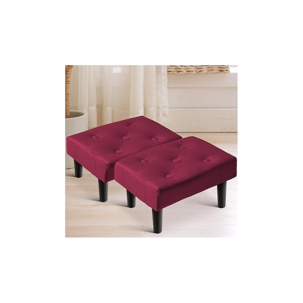 Ripple Furniture Small Footstool Ottoman, Velvet Soft Footrest Ottoman With Wood Legs, Sofa Footrest Extra Seating For Living Room Entryway Office, Red
