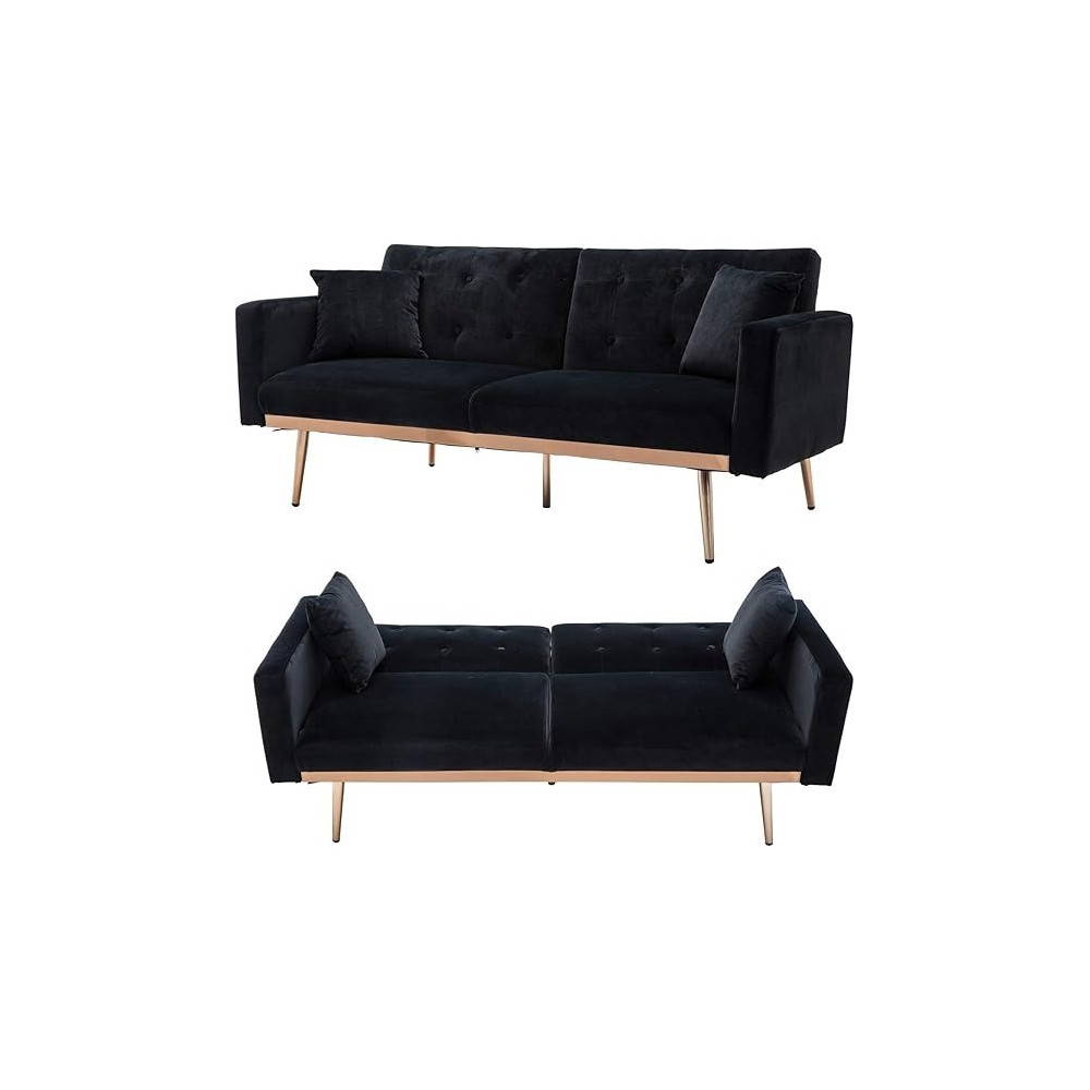 Tita-Dong Velvet Sofa Convertible Sleeper Sofa, Modern Tufted Sofa Bed With 2 Throw Pillow And Gold Plating Base 5 Leg, Adjustable Folding Accent Sofa Couch For Living Room, Black