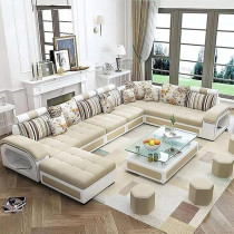 Ripple Furniture U Shape 9 Seater Modern Interchangeable Fabric Sofa Set With 4 Puffy, Left, Beige And White