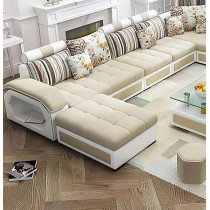 Ripple Furniture U Shape 9 Seater Modern Interchangeable Fabric Sofa Set With 4 Puffy, Left, Beige And White