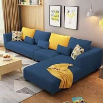 Raj Furniture 6 Seater L Shape Sofa Set For Living Room, Blue Fabric
