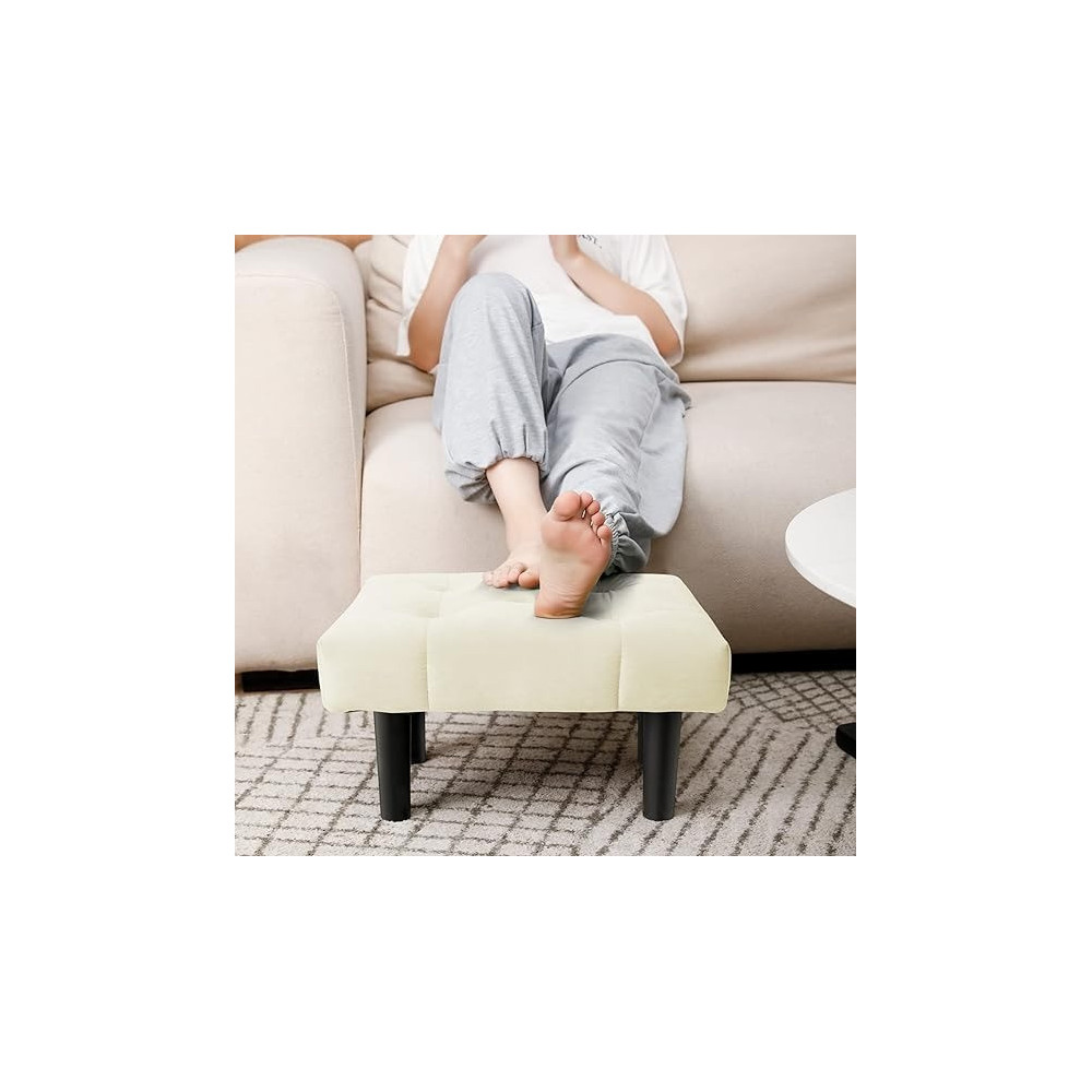 Raj Furniture Small Footstool Ottoman, Velvet Soft Footrest Ottoman With Wood Legs, Sofa Footrest Extra Seating For Living Room Entryway Office, White