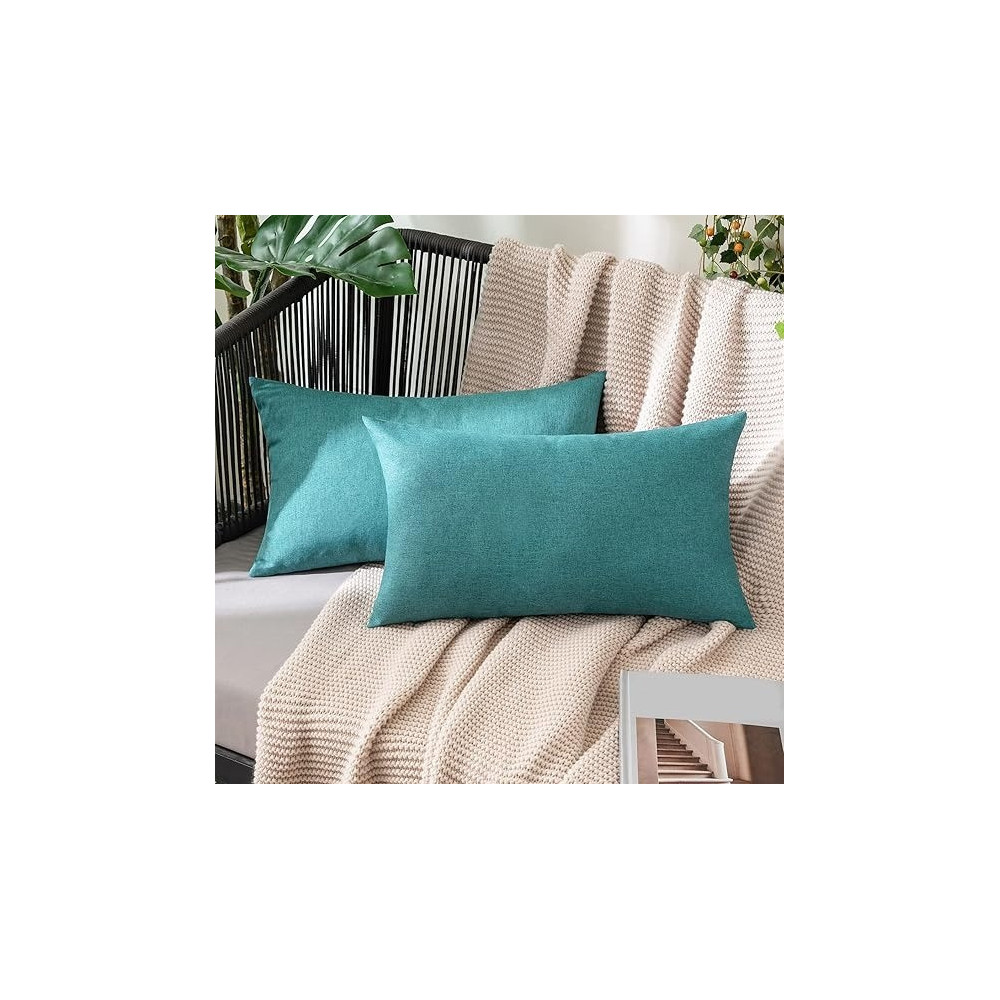 Miulee Pack Of 2 Decorative Outdoor Solid Waterproof Throw Pillow Covers Polyester Linen Garden Farmhouse Cushion Cases For Patio Tent Balcony Couch Sofa, 12 x 20 Inch, Turquoise