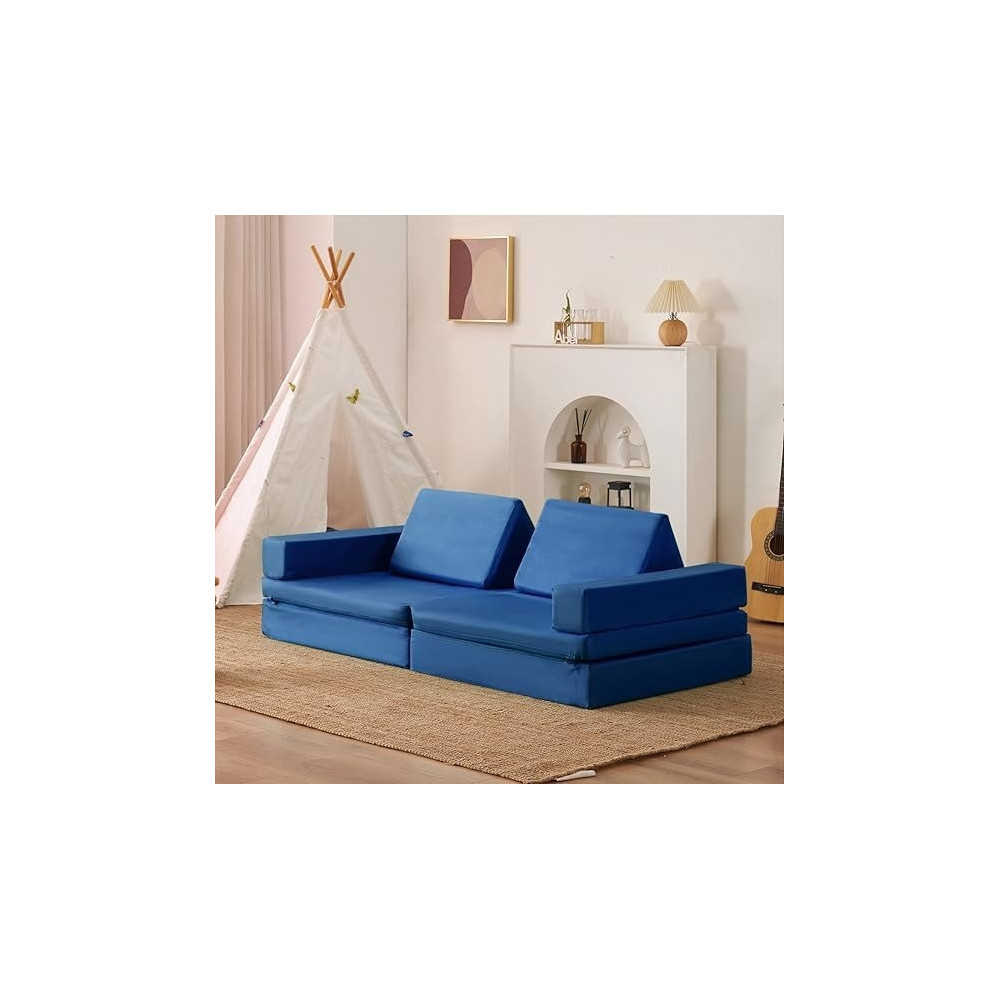 Jela Kids Couch Extended Size 8Pcs For Family, Floor Sofa Couch Modular Funiture For Kids Adults, Playhouse Play Set For Toddlers Babies, Modular Foam Play Couch Indoor, 66 x 33 x 22 Inch, Navy Blue