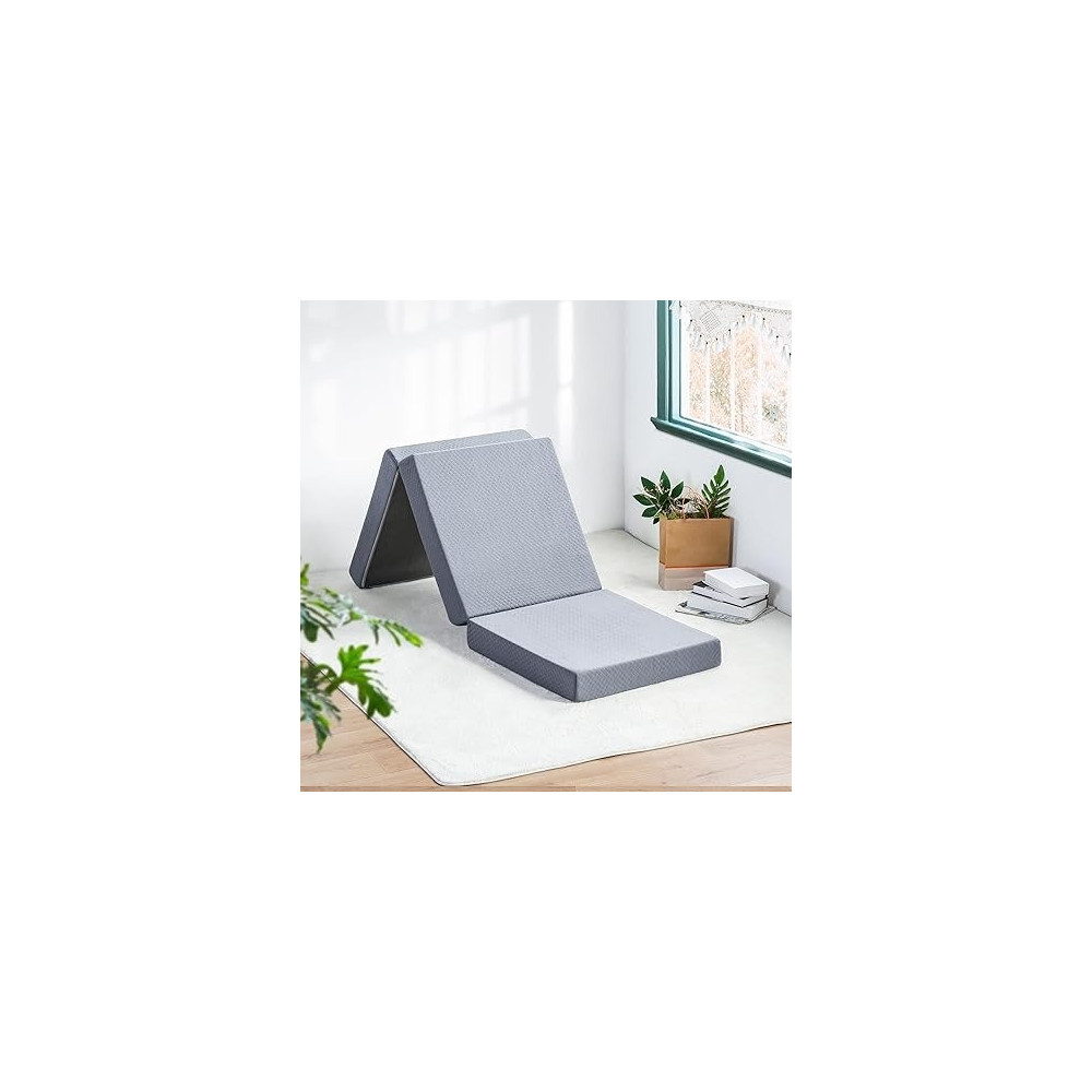 Olee Sleep Tri-Folding Memory Foam Topper, 4 Inch, Gray, Single Size, Play Mat, Foldable Bed, Guest Beds, Portable Bed