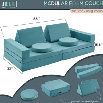 Jela Kids Couch 10Pcs, Floor Couch Floor Sofa Modular Furniture For Kids And Adults, Playhouse Play Set For Toddlers Babies, Modular Foam Play Couch, Modular Sectional Sofa, Light Blue