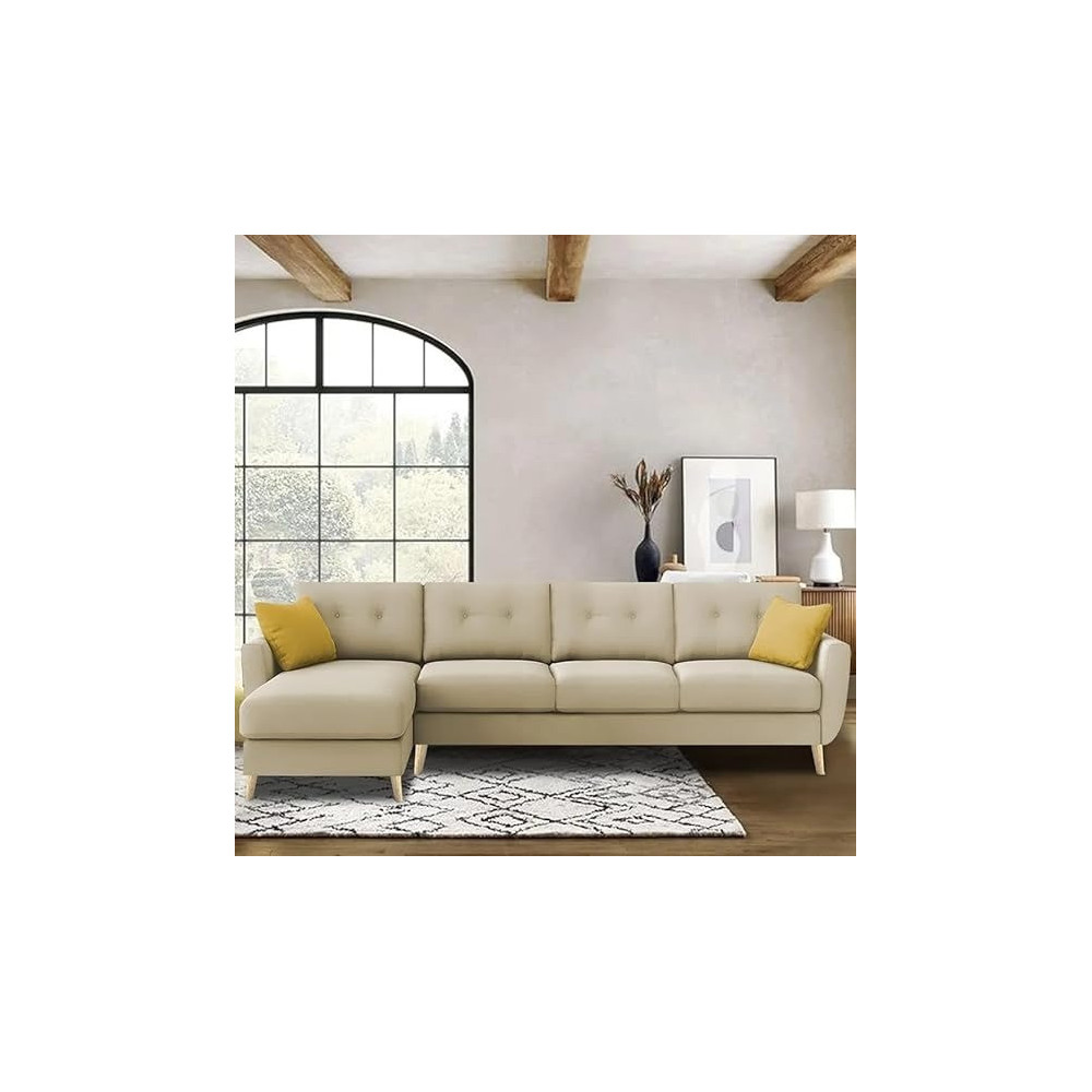 Raj Furniture Luxury 6 Seater L Shape Sofa Set For Living Room In Premium Fabric, LHS, Cream