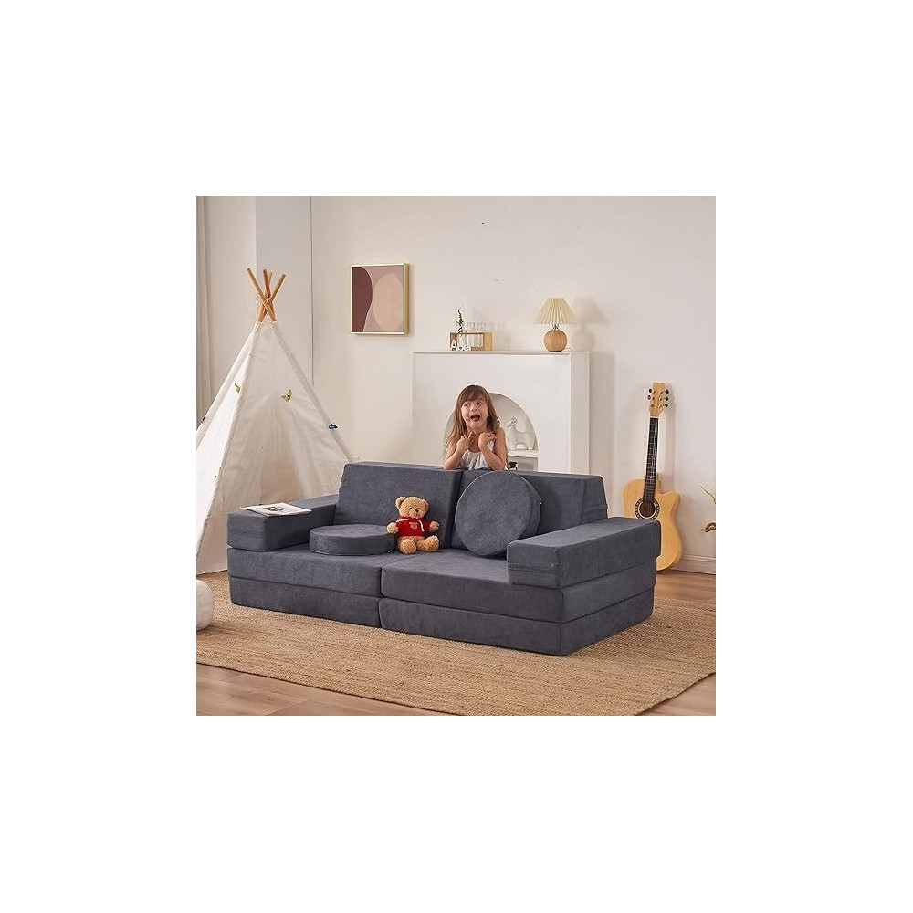 Jela Kids Couch 10 Pieces Luxury Floor Sofa Modular Furniture, Charcoal Blue