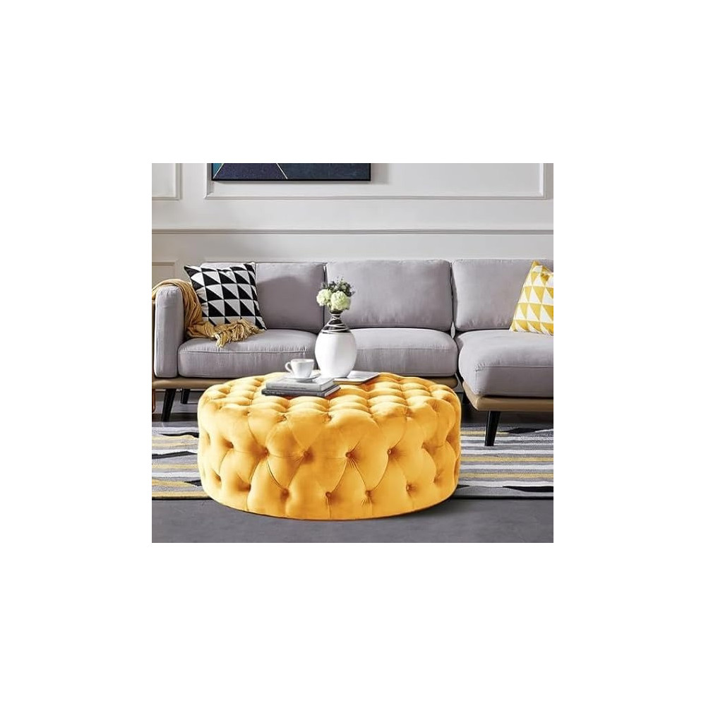Ripple Furniture Tufted Ottoman, Round, Living Room, Bedroom, Dining Room, Entryway, Foyer, Coffee Table, Yellow