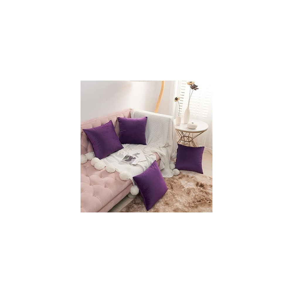 Volcanics Pack Of 4 Velvet Decorative Throw Pillow Covers Soft Solid Square Couch Pillow Cover Case Cushion Pillowcase, 18 x 18 Inch, Eggplant Purple