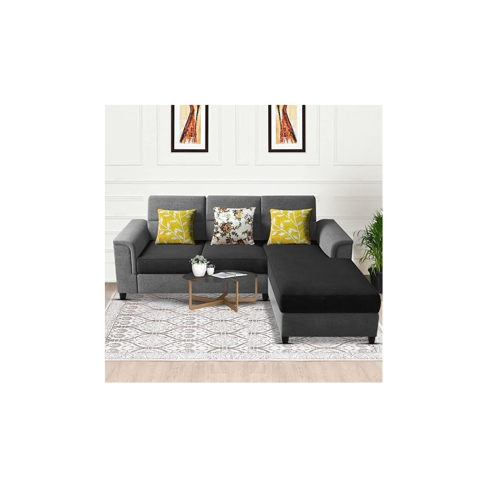 Raj Furniture Elegant 4 Seater L Shape Sofa Set For Living Room, Black Grey