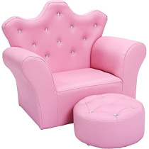 Costzon Kids Sofa, Pu Leather Princess Sofa With Embedded Crystal, Upholstered Armchair With Ottoman, Perfect For Girls (Pink/ Sofa With Ottoman)