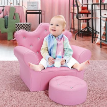 Costzon Kids Sofa, Pu Leather Princess Sofa With Embedded Crystal, Upholstered Armchair With Ottoman, Perfect For Girls (Pink/ Sofa With Ottoman)