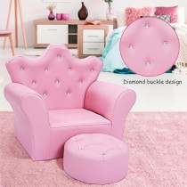 Costzon Kids Sofa, Pu Leather Princess Sofa With Embedded Crystal, Upholstered Armchair With Ottoman, Perfect For Girls (Pink/ Sofa With Ottoman)