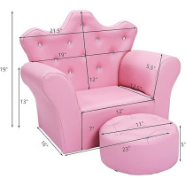 Costzon Kids Sofa, Pu Leather Princess Sofa With Embedded Crystal, Upholstered Armchair With Ottoman, Perfect For Girls (Pink/ Sofa With Ottoman)