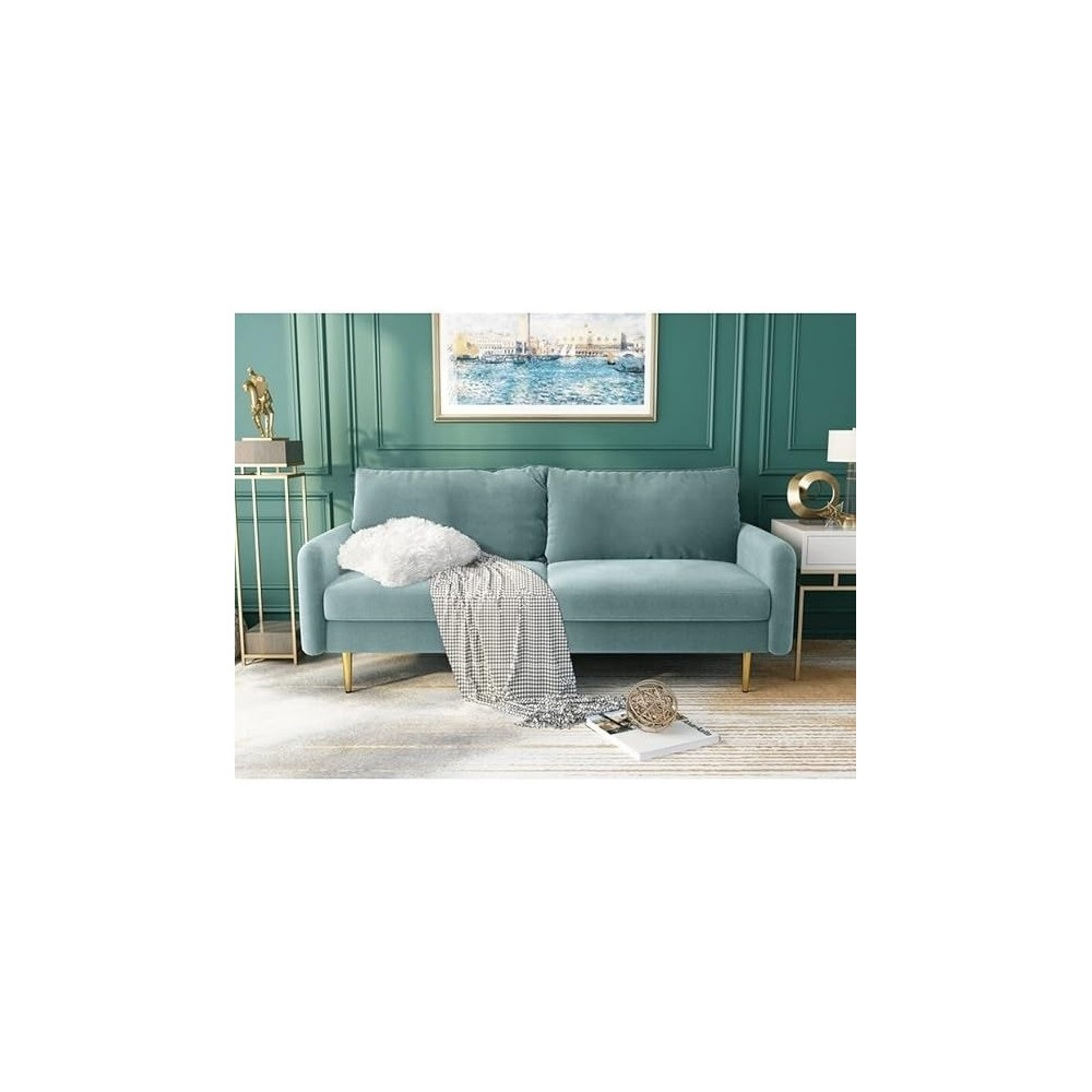 Cotton Home Velevt Square Arm Sofa With Reversible Cushions, 86.36H x 177.8W x 81.28D Cm, Sky Blue
