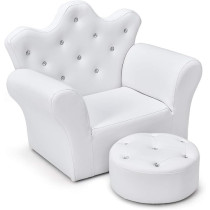 Costzon Kids Sofa, Children Upholstered Sofa With Ottoman, Princess Sofa With Diamond Decoration, Smooth Pvc Leather Toddler Chair, Kids Couch For Boys And Girls, White