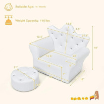 Costzon Kids Sofa, Children Upholstered Sofa With Ottoman, Princess Sofa With Diamond Decoration, Smooth Pvc Leather Toddler Chair, Kids Couch For Boys And Girls, White