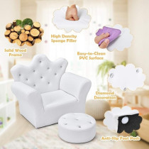 Costzon Kids Sofa, Children Upholstered Sofa With Ottoman, Princess Sofa With Diamond Decoration, Smooth Pvc Leather Toddler Chair, Kids Couch For Boys And Girls, White