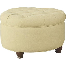 Homepop Button Tufted Round Storage Ottoman, Tan Woven