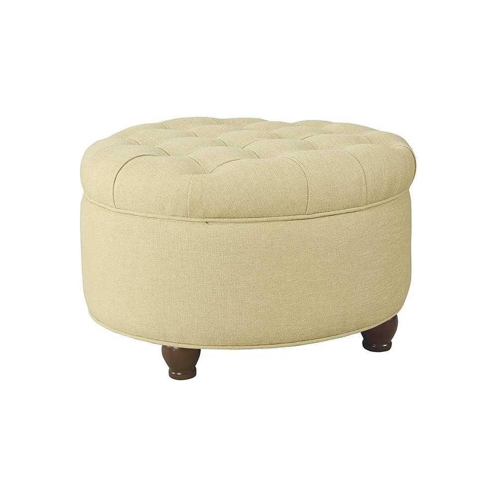 Homepop Button Tufted Round Storage Ottoman, Tan Woven
