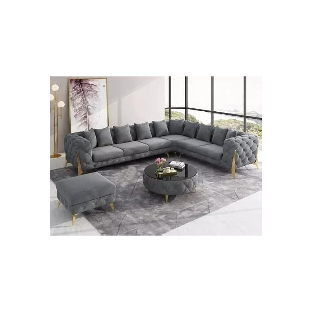 Raj Furniture Luxury Traditional Velvet L Shape Chesterfield Sofa Set, Living Room Furniture With Golden Legs, Grey