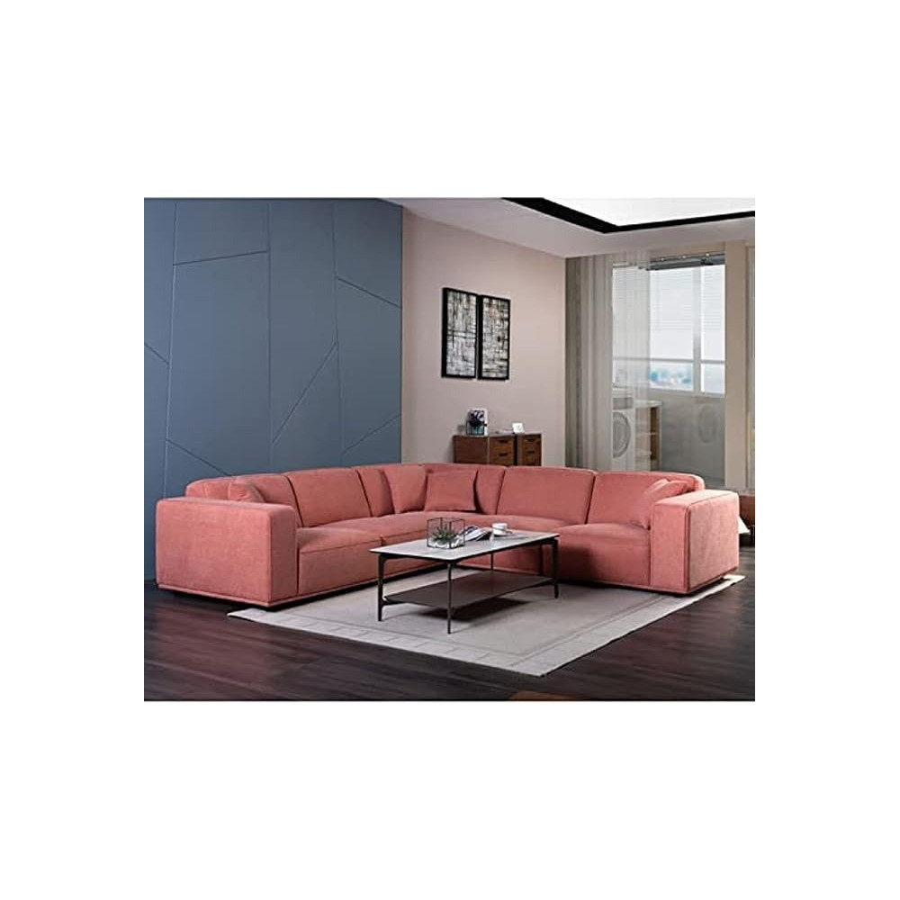 Raj Furniture High End Living Room Furniture Manufacturers Royal Modern L Shape Fabric Sofa Set, Rose Pink