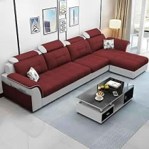 Ripple Furniture Luxury RHS L Shape Sofa Set For Living Room in Premium Fabric, Maroon Grey