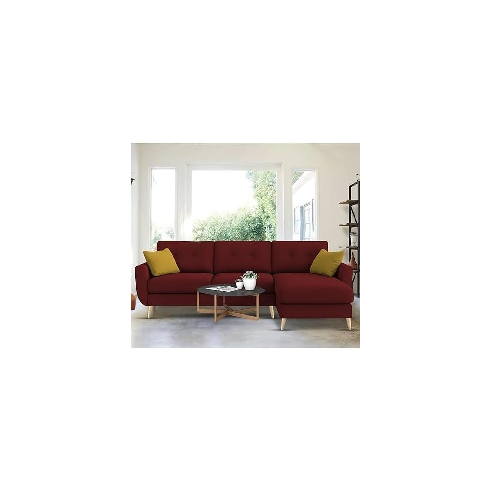 Raj Furniture Royal Azure Elegance 4 Seater L-Shaped Living Room Sofa in Plush Velvet Fabric RHS, Maroon Fabric
