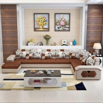 Ripple Furniture U Shape 9 Seater Modern Interchangeable Fabric Sofa Set With 4 Puffy Left, Beige & Brown
