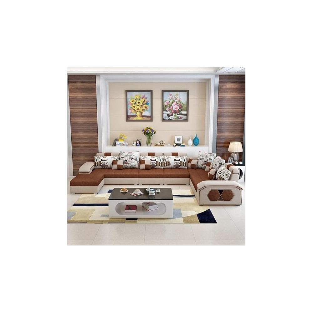 Ripple Furniture U Shape 9 Seater Modern Interchangeable Fabric Sofa Set With 4 Puffy Left, Beige & Brown
