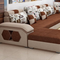 Ripple Furniture U Shape 9 Seater Modern Interchangeable Fabric Sofa Set With 4 Puffy Left, Beige & Brown
