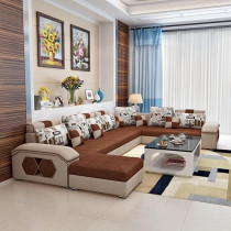 Ripple Furniture U Shape 9 Seater Modern Interchangeable Fabric Sofa Set With 4 Puffy Left, Beige & Brown