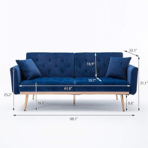 TITA-DONG Velvet Sofa Convertible Sleeper Sofa, Modern Tufted Sofa Bed With 2 Throw Pillow And Gold Plating Base 5 Leg, Adjustable Folding Accent Sofa Couch for Living Room, Navy Blue