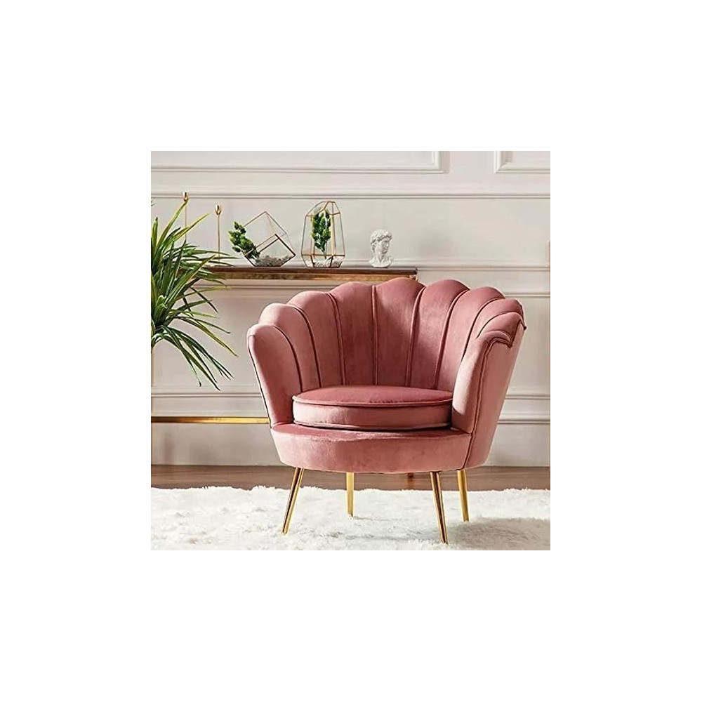 Raj Furniture Round Shaped Flower Chair Mettle Legs Velvet, Rose Pink