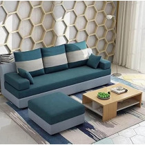 Raj Furniture 3 Seater With Ottoman Sofa Set For Living Room, Blue Grey Fabric