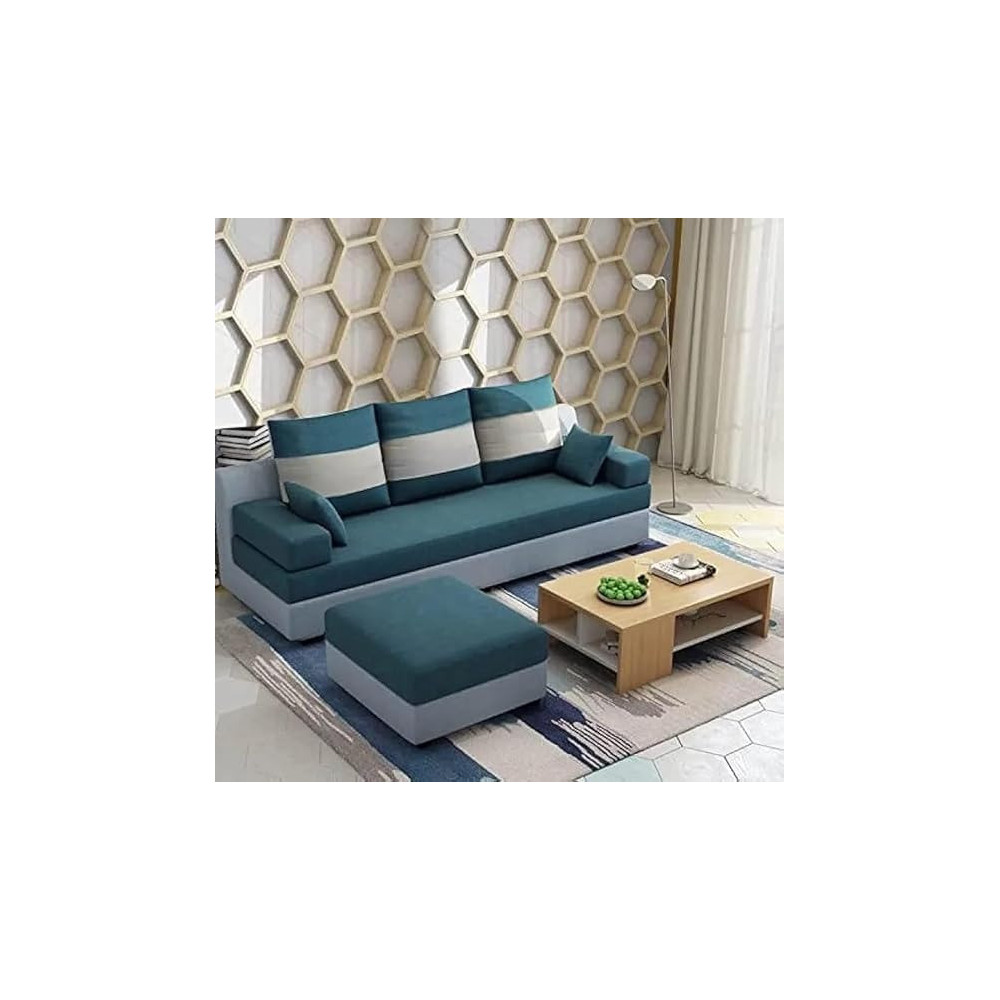 Raj Furniture 3 Seater With Ottoman Sofa Set For Living Room, Blue Grey Fabric