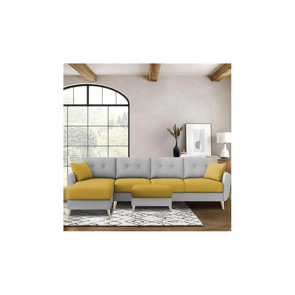 Raj Furniture Luxury 6 Seater L Shape Sofa Set For Living Room In Premium Fabric LHS, Yellow Grey