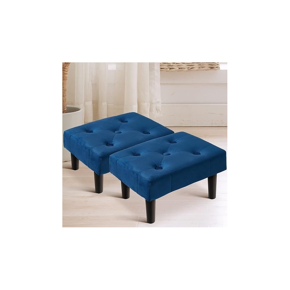 Raj Furniture Small Footstool Ottoman, Velvet Soft Footrest Ottoman With Wood Legs, Sofa Footrest Extra Seating For Living Room Entryway Office, Blue