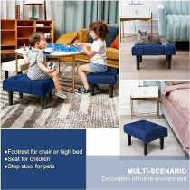 Raj Furniture Small Footstool Ottoman, Velvet Soft Footrest Ottoman With Wood Legs, Sofa Footrest Extra Seating For Living Room Entryway Office, Blue