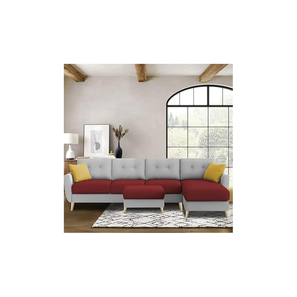 Ripple Furniture Luxury 6 Seater L Shape Sofa Set For Living Room In Premium Fabric RHS, Maroon Grey