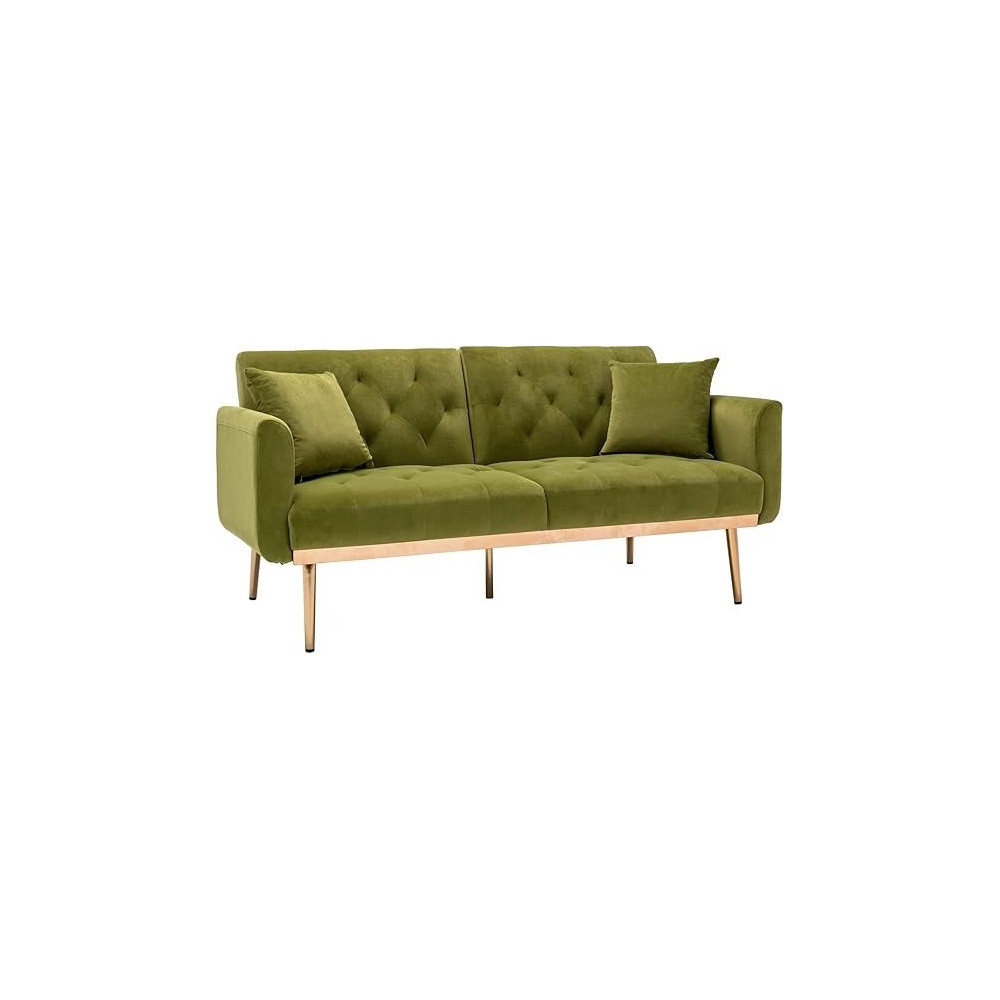 TITA-DONG Velvet Sofa Convertible Sleeper Sofa, Modern Tufted Sofa Bed With 2 Throw Pillow And Gold Plating Base 5 Leg, Adjustable Folding Accent Sofa Couch for Living Room, Olive