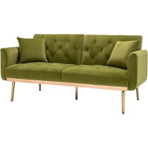 TITA-DONG Velvet Sofa Convertible Sleeper Sofa, Modern Tufted Sofa Bed With 2 Throw Pillow And Gold Plating Base 5 Leg, Adjustable Folding Accent Sofa Couch for Living Room, Olive