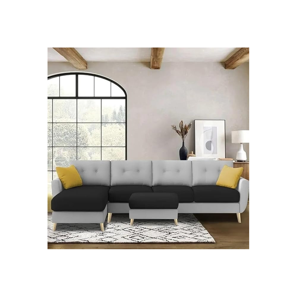 Raj Furniture Luxury 6 Seater L Shape Sofa Set For Living Room In Premium Fabric (LHS, Black Grey)