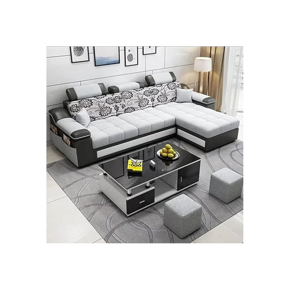 Raj Furniture 4 Seater RHS L Shape Sofa For Living Room, Black Grey Fabric