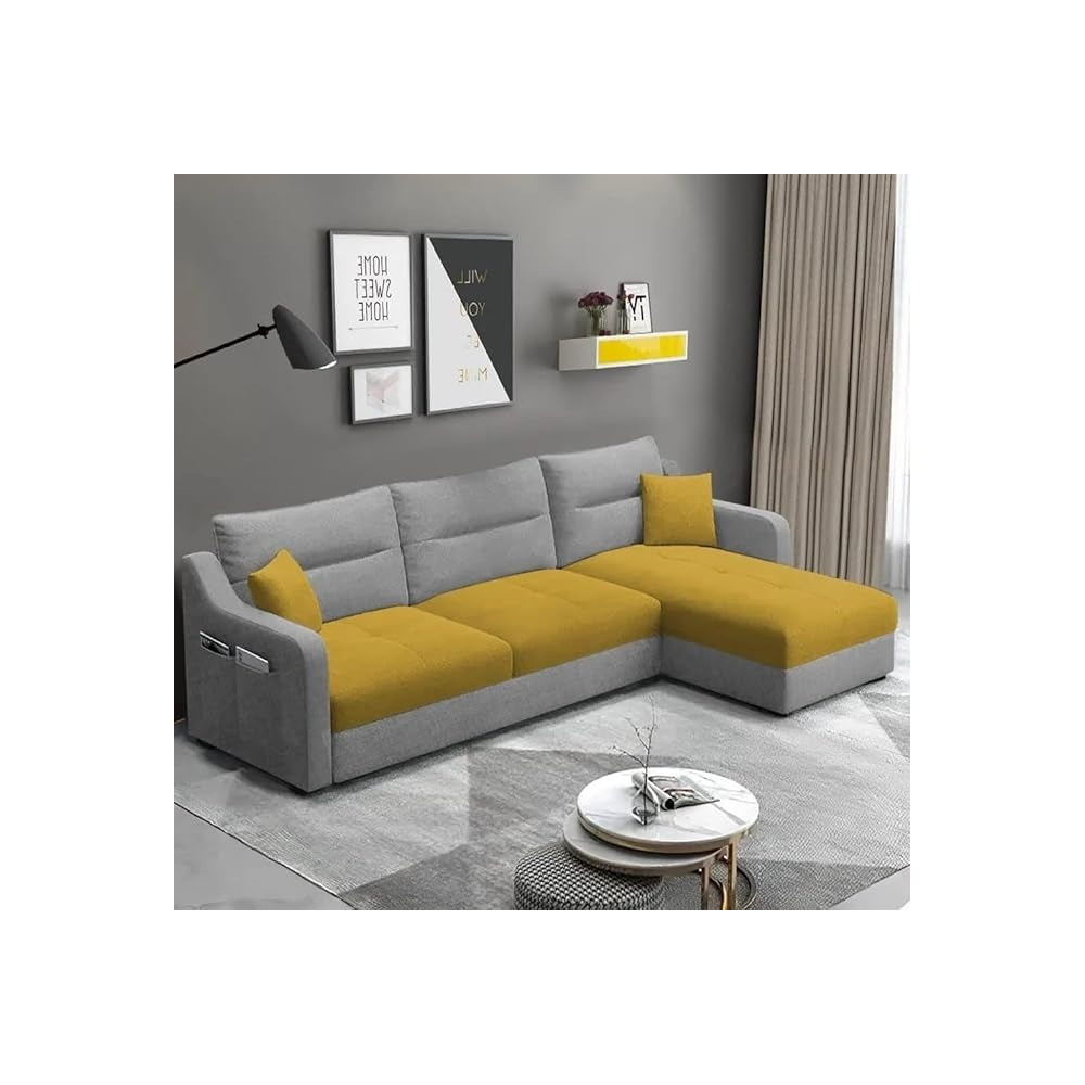 Raj Furniture RHS 4 Seater L Shape Sofa Set For Living Room, Yellow Grey Fabric