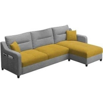 Raj Furniture RHS 4 Seater L Shape Sofa Set For Living Room, Yellow Grey Fabric